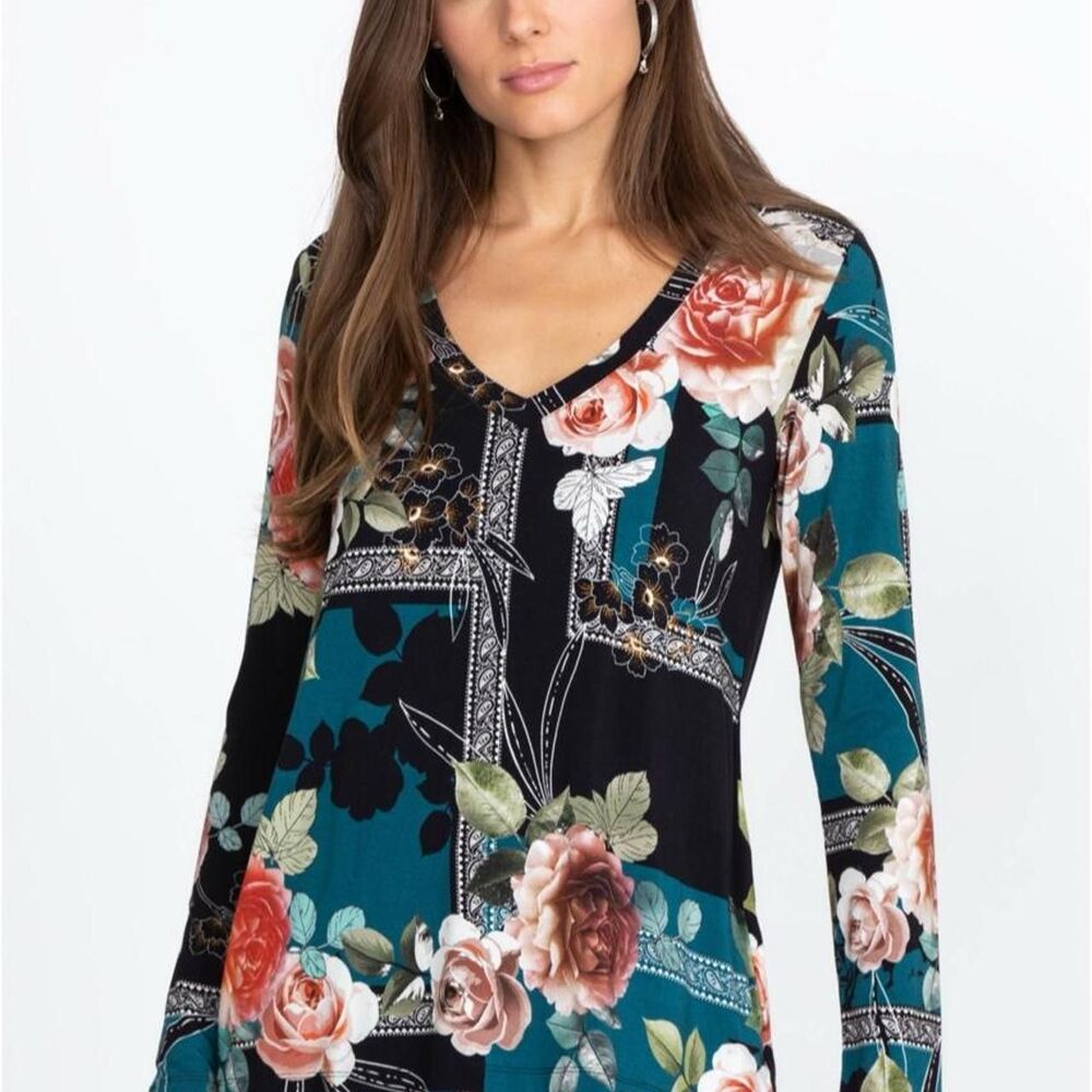 Johnny Was Rosabel Favorite Long Sleeve Tee Floral V Neck Small